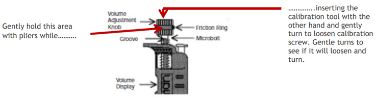 Pipetman volume adjustment knob. Gently hold this area with pliers while inserting the calibration tool with the other hand and gently turn to loosen calibration screw. Gentle turns to see if it will loosen.