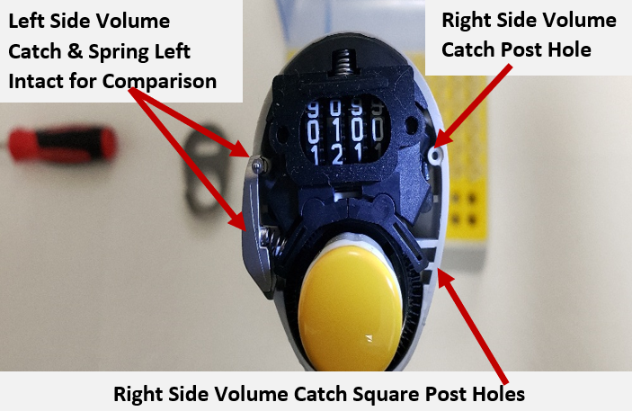 One volume catch intact and one removed. Square post holes.