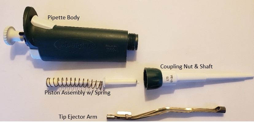 disassembled pipette, not including ejector assembly