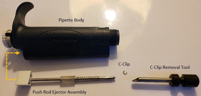Push rod ejector assembly outside of pipette