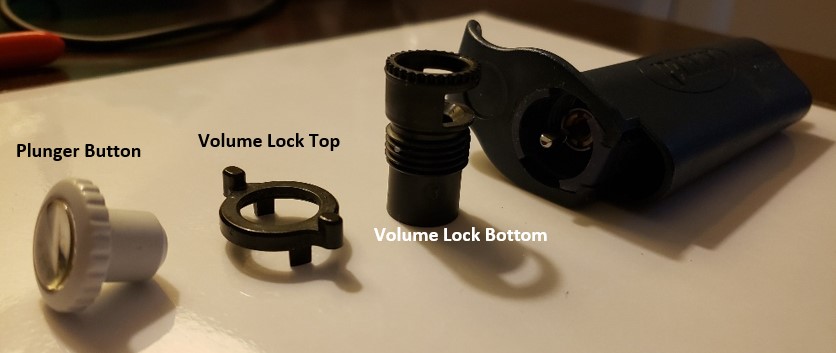 Plunger button, volume lock top, volume lock bottom