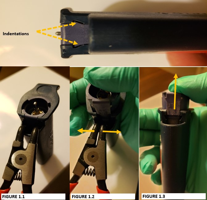 Use the bent nose pliers to release the volume assembly from the pipette