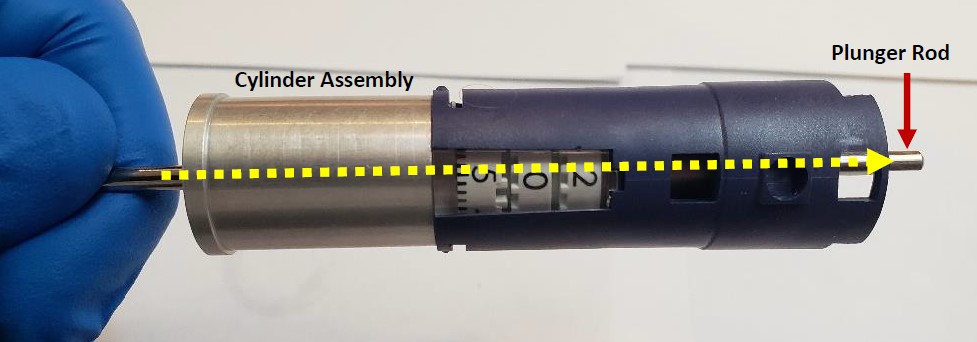 plunger rod through cylinder assembly and volume assembly