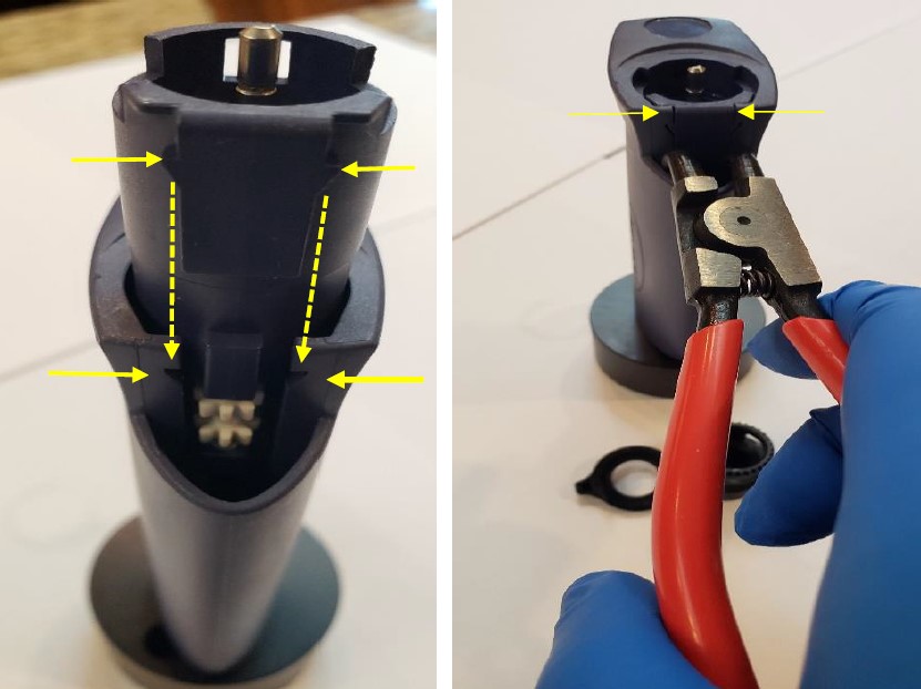 use bent nose pliers to open body of pipette and access the inside of the Pipet-Lite Counter Assembly