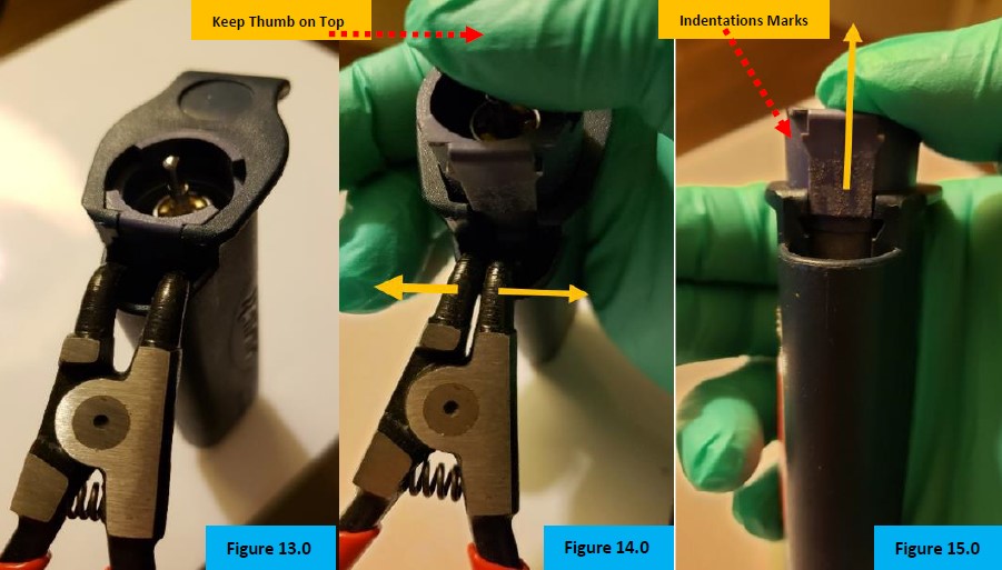 Figure 13.0-15.0. Using bent nosed pliers to remove the volume assembly after removing the Pipet-Lite XLS Push Rod Ejector