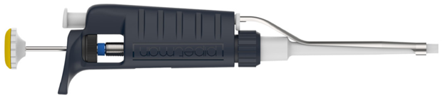 A laboratory micropipette, Gilson Pipetman, with a dark blue body and a metal tip is shown on a white background.