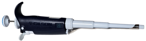 A black and white Gilson Pipette, Pipetman L, renowned among pipette offerings, is used for precise liquid measurement and transfer in laboratories.