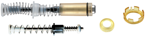 Two metal spring-loaded assemblies with plastic and metal components, shown disassembled, alongside two separate plastic rings—compatible with select Gilson Pipette offerings.