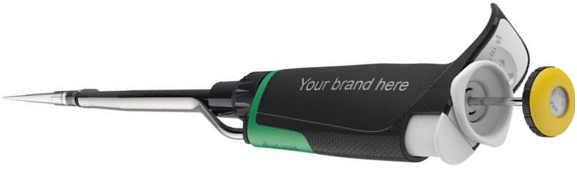 A black and green adjustable laboratory pipette, inspired by Gilson Pipettes. It is the My Pipetman model with 'Your brand here' written on its body.