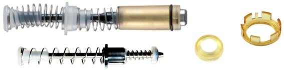 Two piston assembly components with springs and rods, alongside two separate circular parts, are laid out on a white background—reminiscent of the precision engineering seen in Gilson pipette offerings.