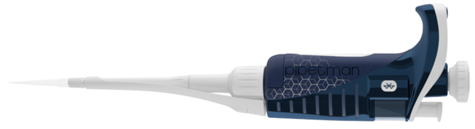 The Pipetman M. A blue and white adjustable Gilson pipette labeled pipetman with measurement display and ergonomic handle, commonly used in laboratories for precise liquid handling.