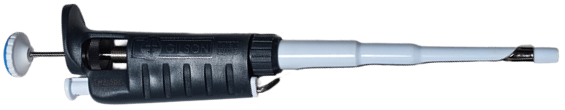 A Pipetman Classic. A single-channel Gilson Pipette lies horizontally on a white background, showcasing the precision and reliability of Gilson pipette offerings.