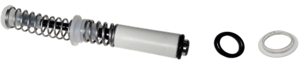 A metal spring-loaded piston assembly for a Gilson Pipette, featuring a white cylinder, a black rubber O-ring, and a white washer placed beside it—essential components in Gilson’s precise pipette offerings.