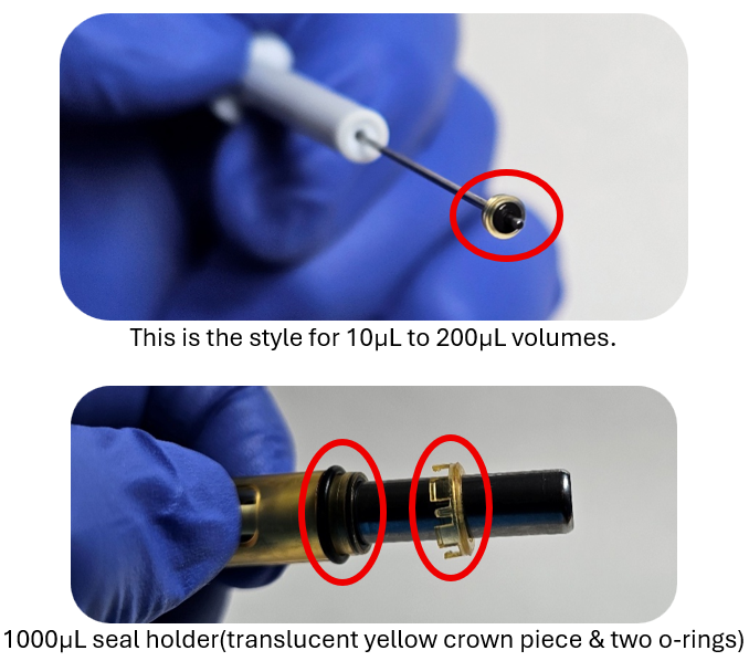 Top: Gloved hand holding a small Pipetman piston. Bottom: Close-up of a Pipetman 1000µL seal holder with a yellow crown piece and two black o-rings, both highlighted with red circles.