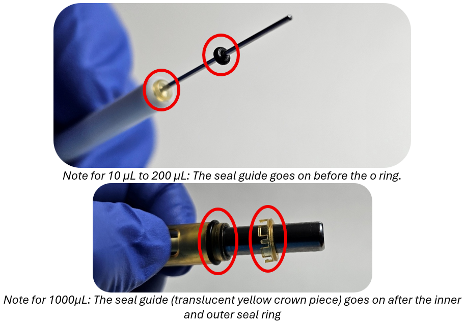 A gloved hand holds a Pipetman pipette piston, showing the seal guide and o-rings for different sizes, labeled with red circles for assembly reference.